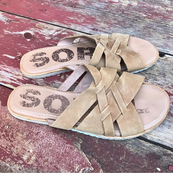 🍄 Sorel Ella Tan Leather Slide Sandals - Picture 1 of 10